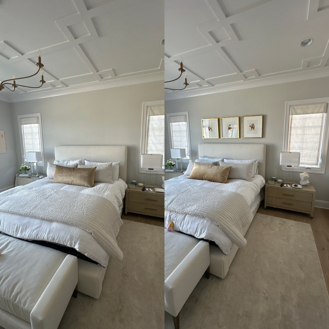 A before and after bedroom view. Gray walls, white bed, nightstands, and new art.